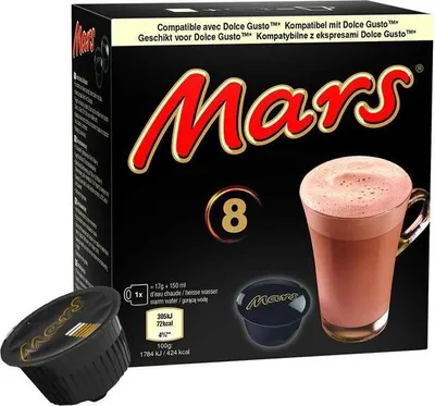 A box of Mars hot chocolate capsules with a glass of prepared hot chocolate.