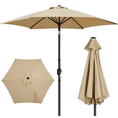 A beige patio umbrella is shown in three different views: fully open, folded, and top-down view of the canopy.