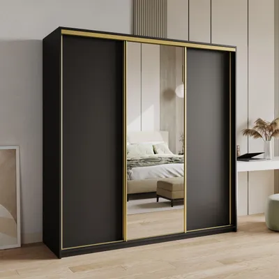 Produktbild von Masseno Schiebetürenschrank TAVI 180/205/60 cm Kleiderschrank mit 4 Schubladen Schlafzimmer Schrank 3-türig mit Spiegel Schwarz