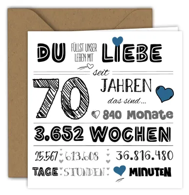 Faltkarte 70. Geburtstag, Liebe, 15x15 cm, mit Umschlag