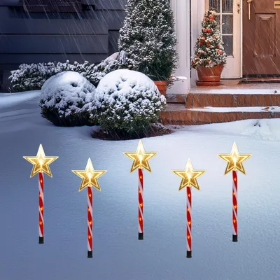 Image de Fiches de jardin à LED, set de 5, 50 cm - étoile / rouge blanc - pile et minuterie pour intérieur et extérieur