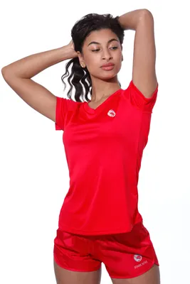 Produktbild von Damen Sportshirt kurzarm – Atmungsaktives Trainingsshirt mit V-Ausschnitt von Stark Soul®, Rot - M