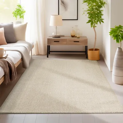 A bright and airy living room scene with a rug, sofa, and side table.