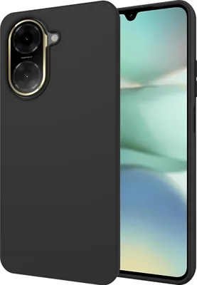 A black phone case is shown with a smartphone screen visible behind it.