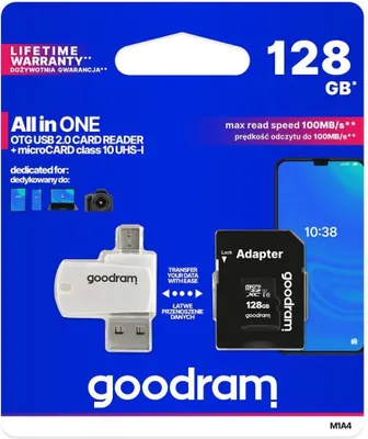 Zdjęcie produktu dla GOODRAM ALL IN ONE M1A4 - czytnik kart USB/Micro-USB + karta micro SD 128GB