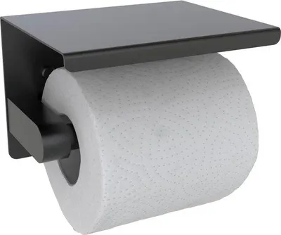 Produktbild von Unyqoos® Toilettenpapierhalter aus Edelstahl – wandmontiert mit 14 cm Ablage (14×9,5×9,5 cm), schwarz, Montage ohne Bohren