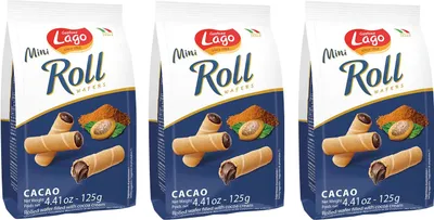 Produktbild von 3x Gastone Lago Mini Roll Cacao Waffelröllchen Waffelpad Wafer gefüllt mit Kakaocreme 125g