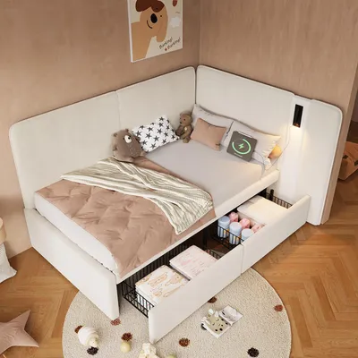 Produktbild von Merax Daybett Polsterbett 90x200cm mit 2 Schubladen und Leselampe, Schlafsofa Tagesbett mit USB & Type-C Ladeanschluss, Jugendbett, Samt + Beige