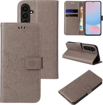 Produktbild von Handyhülle für Samsung Galaxy A57 5G Floral Blumen Schmetterling Flip Cover Hülle Case Klapphülle Handytasche Farbe: Grau