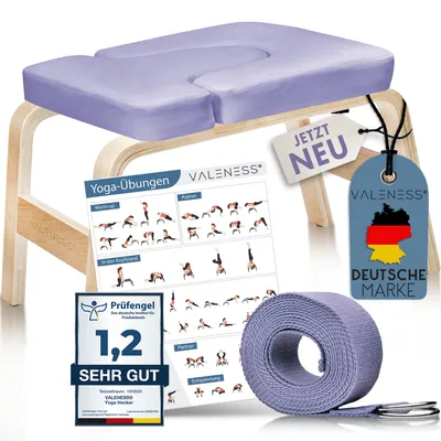 Produktbild von VALENESS® Yoga Kopfstandhocker - Hochwertiger Yoga Hocker inkl. Yogagurt, Yogablock & Übungsposter - Yoga Stuhl zur Handstand-Übung aus Naturholz