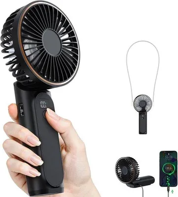 Image de Ventilateur portable à main, mini-ventilateur pliable à 180°, 6 vitesses, écran LCD, très silencieux, 3600 mAh, format de poche, pour une utilisation en intérieur et en extérieur, avec dragonne
