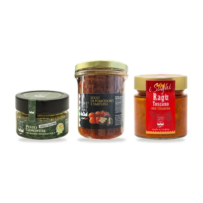Produktbild von TubeORIGINAL Geschenkset „Pasta Night“ – Pesto Genovese 100 g, Tomaten-Trüffelsauce 180 g, Chianina-Ragù 200 g