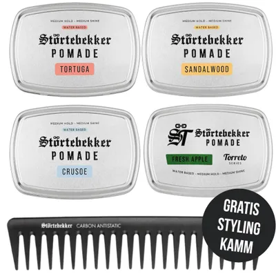 Produktbild von Störtebekker® Premium Pomade Wasserbasiert Probierset + GRATIS Styling Kamm - 4 x 125 ml Pomade Herren - Herrliche Düfte