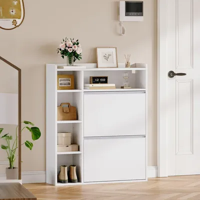 Produktbild von Schuhschrank – Schmal, weiß – Mit 2 Klappen und 5 offenen Fächern – 111 cm hoch – Für Flur und Eingangsbereich