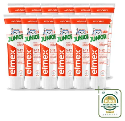 Image de 12 tubes de dentifrice Elmex Junior - pour enfants de 5 à 12 ans - 75 ml - Pack économique - 12 pièces