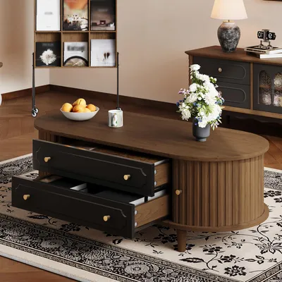 Produktbild von okwish Wohnzimmer-Couchtisch mit zwei Schubladen,Kaffeetisch,Sofatisch mit Rolltür,Wohnzimmertisch mit 4 Stützbeinen,Nussbaum