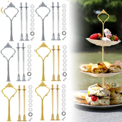 Produktbild von Etageren-Stangen Set - 6-teiliger Bausatz für 2 bis 3 Etagen - Silber - für Torten Cupcakes Macarons Donuts und Obst