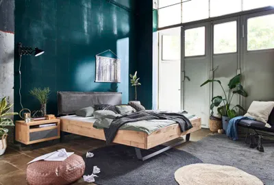 Produktbild von Bett Rine 140x200 Wildeiche Bianco Lederkopfteil Anthrazit mit Kufe und Beinen