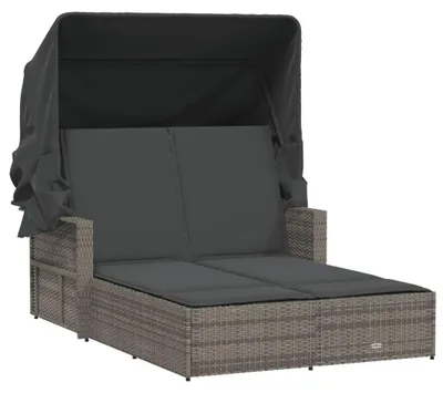 Produktbild von vidaXL Doppel-Sonnenliege mit Dach und Auflagen Grau Poly Rattan