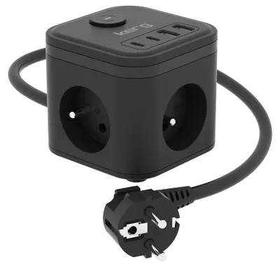Productafbeelding van Voedingskabel Kerg met 3 stopcontacten + USB-A en USB-C lader, 1,5 meter, 3x1,5mm², H05Vv-F, 16A/250V, zwart