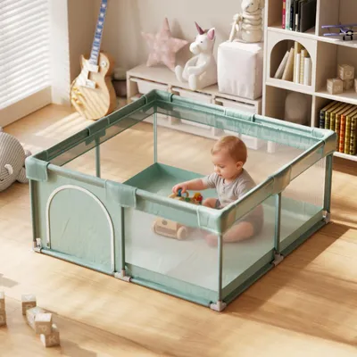 Produktbild von Koonmi Laufstall Baby 120 x 120 cm – Faltbarer Laufstall für Babys und Kleinkinder, zusammenklappbarer Laufstall für drinnen und draußen – Hellgrün