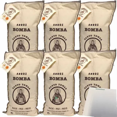 Produktbild von Santo Tomas Arrocerías Antonio Tomas Arroz Bomba Paellareis 6er Pack (6x1kg Beutel) + usy Block