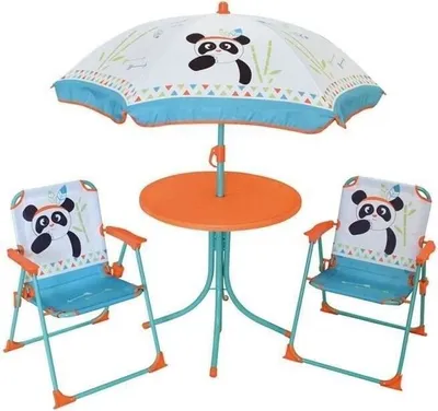 Image de Salon de Jardin Enfant, Table Ronde, 2 Chaises Pliables, Parasol ø 100 cm