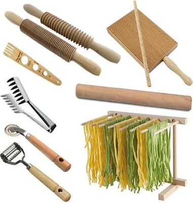 A collection of pasta-making tools arranged on a white background.
