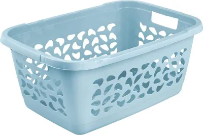 A light blue plastic laundry basket with a cutout pattern on a white background.