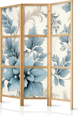 Productafbeelding van 3-delige, enkelzijdige roomdivider van vlieseline, Japans design - Turquoise bloemen in retrostijl - Bloemmotieven, 135x172 cm, artikelnummer b-H-10011-bh-a