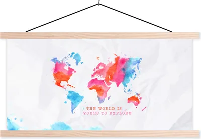 Produktbild von MuchoWow® Textilposter Karte - Aquarellfarbe - Text - Weiß 60x30 cm mit holzfarbenen Rahmen - Dekoration