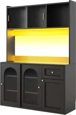 Produktbild von Hochschrank 120 x 35 x 167 cm Kuechenschrank Vitrinenschrank Buffetschrank Mit 3 Schubladen Verstellbaren Ablagen Sideboard LED-Beleuchtung Schwarz
