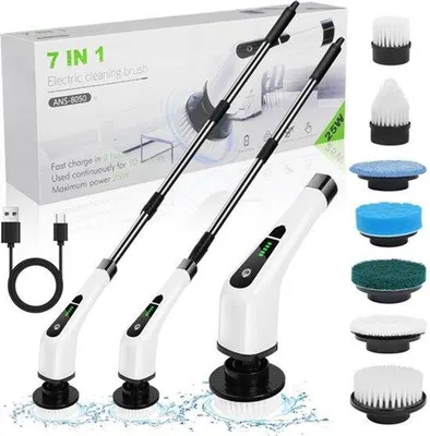 Obrázek produktu pro Elektrický čisticí kartáč – 7 vyměnitelných hlavic – délka 44,5 cm – plast a kov – vhodný do koupelny a kuchyně