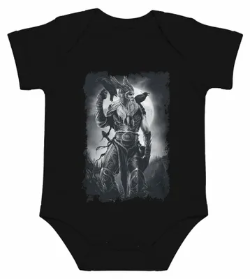 Image de Body pour bébé, noir, motif : guerriers vikings, corbeaux, Odin, mythologie nordique, lune, runes, Valhalla. Taille : 6/12 mois