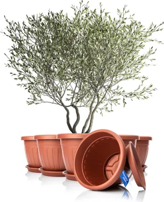 Produktbild von BigDean 6X Blumentopf mit Untersetzer rund ø50xH38 cm Terracotta - wetterfester Pflanzkübel - Wasserablauf UV-beständig aus bruchsicherem Kunststoff