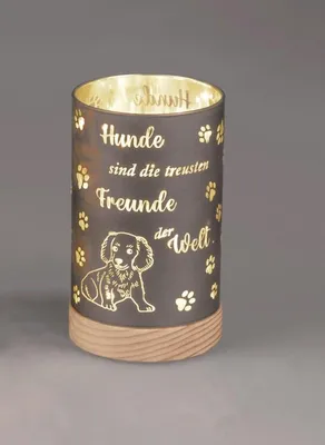 Produktbild von Dekorative LED-Lichtsäule mit Hundemotiv und Timer, Schwarz-Gold, 15cm, Holzsockel, Pfoten-Design, Deutsche Aufschrift- Hunde sind die treusten Freunde..