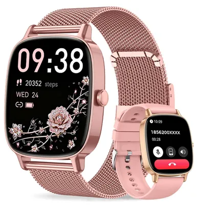 Obrázek produktu pro Chytré hodinky pro ženy s telefonickou funkcí, 2 řemínky, HD displej, sportovní hodinky s více než 120 sportovními režimy, vodotěsné (IP68), s monitorováním srdečního tepu a spánku, kompatibilní s iOS, barva: růžová