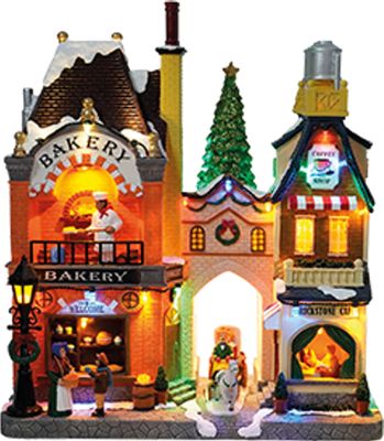 e4fun Weihnachtsdorf Bäckerei mit LED Beleuchtung,Musik und sich drehenden Weihnachtsbaum inklusive Netzadapter