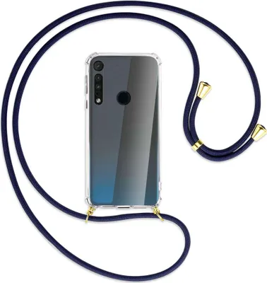 Produktbild von Handykette Backcover-Schutzhülle mit Band (Metall goldfarben) für Motorola One Macro - dunkelblau