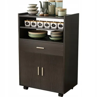 A dark brown kitchen trolley with shelves and cabinets, filled with kitchenware.