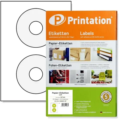 Productafbeelding van CD DVD etiketten bedrukbaar - Zelfklevend - Ø 117 mm - 50 stuks - Wit
