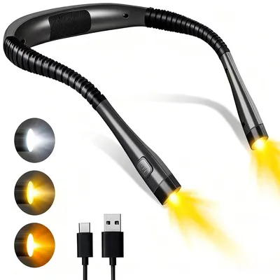 Produktbild von Leselampe, wiederaufladbare LED-Nackenleselampe mit 3 Lichtfarben & dimmbarer Helligkeit, ideal zum Lesen bei Nacht, Stricken & Campen, schwarz