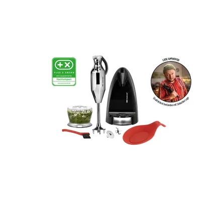 Das Stabmixer-Set Unold ESGE-Zauberstab® M 200 Chrom umfasst mehrere Aufsätze, eine mit Kräutern gef