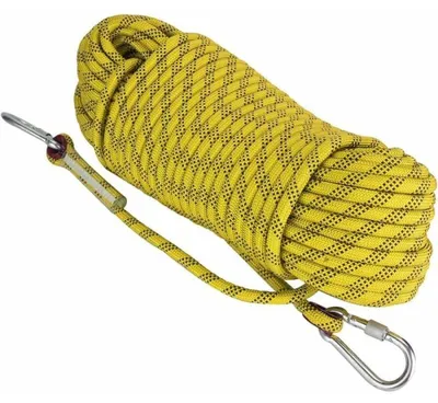 Obrázek produktu pro 30 m dlouhé, 12 mm silné horolezecké lano, odolné proti roztržení, se 2 karabinami pro outdoorové aktivity, jako je turistika, horolezectví a hasičské zásahy.