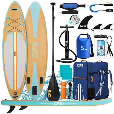 Produktbild von CFB SUP Board Set 320x84x15 cm, MB. bis 160 kg, extra breit, Holzoptik Stand Up Paddle Board Set mit Paddel, Pumpe, Rucksack, 5L Dry Bag, Schultergurt