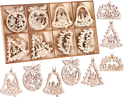 Immagine prodotto di BRUBAKER 24 PZ. Set di ciondoli natalizi - decorazione albero in legno ca. 6 cm - campanelle angelo albero di Natale - ciondolo decorazione natalizia - ciondolo albero di Natale in legno - decorazione albero di Natale