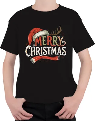 Produktbild von MERRY CHRISTMAS Weihnachtsmütze Rentier Vintage Retro Weihnachten Uni Kinder T-Shirt, Schwarz, 116