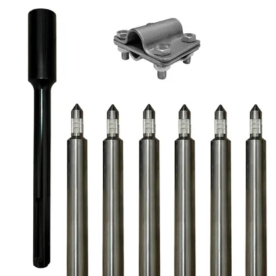 A set of grounding rods and a clamp are displayed against a white background.