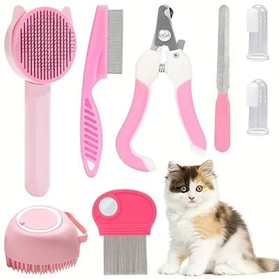 Produktbild von ZELURXX 8 teiliges Pflegeset für Haustiere, Nagelknipser und Feile, Flohkamm, Bürste für Haustierhaare, Silikonzahnbürste für Haustiere, Rosa