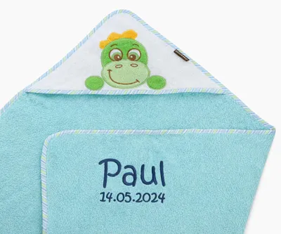 Produktbild von BotoBaby® Kapuzentuch Kinder mit Namen – Türkis Dinosaurier – 100 x 100 cm – 100% Baumwolle – Personalisiertes Badehandtuch mit Kapuze